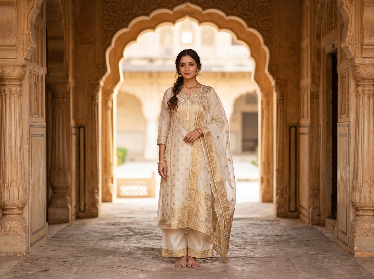 Look 05: Ivory and Gold Handloom Chanderi Silk Kurti Set with Dupatta