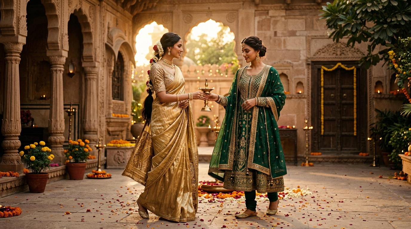 Look 04: Liquid Gold Crushed Tissue Saree and Emerald Gold Embroidered Kurti Set